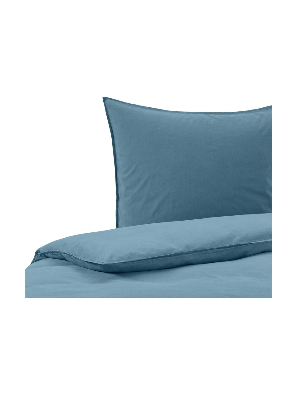 Pościel z bawełny z efektem sprania Guy, Niebieski, 155 x 220 cm + 1 poduszka 80 x 80 cm