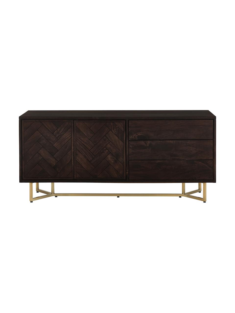 Credenza con ante in legno massiccio a spina di pesce Luca, Struttura: metallo rivestito, Legno di mango, dorato, Larg. 160 x Alt. 70 cm