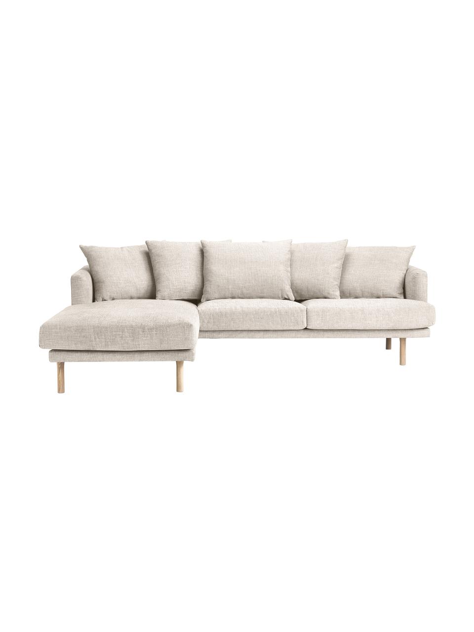 Sofa narożna Adrian (3-osobowa), Tapicerka: 47% wiskoza, 23% bawełna,, Stelaż: sklejka, Nogi: drewno dębowe olejowane, Beżowa tkanina, S 255 x G 182 cm, lewostronna