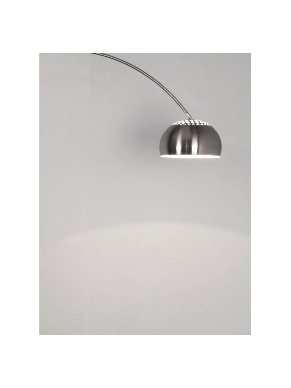 Grote booglamp Metal Bow in zilverkleur, Lampenkap: geborsteld metaal, Frame: geborsteld metaal, Lampvoet: steen met verzilverd meta, Metaal, B 170 x H 205 cm