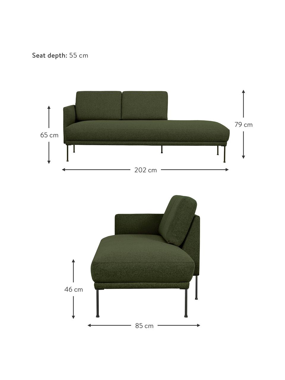Chaise longue Fluente met metalen poten, Bekleding: 100% polyester. Met 40.00, Frame: massief grenenhout, FSC-g, Poten: gepoedercoat metaal., Geweven stof donkergroen, B 202 x D 85 cm, rugleuning links