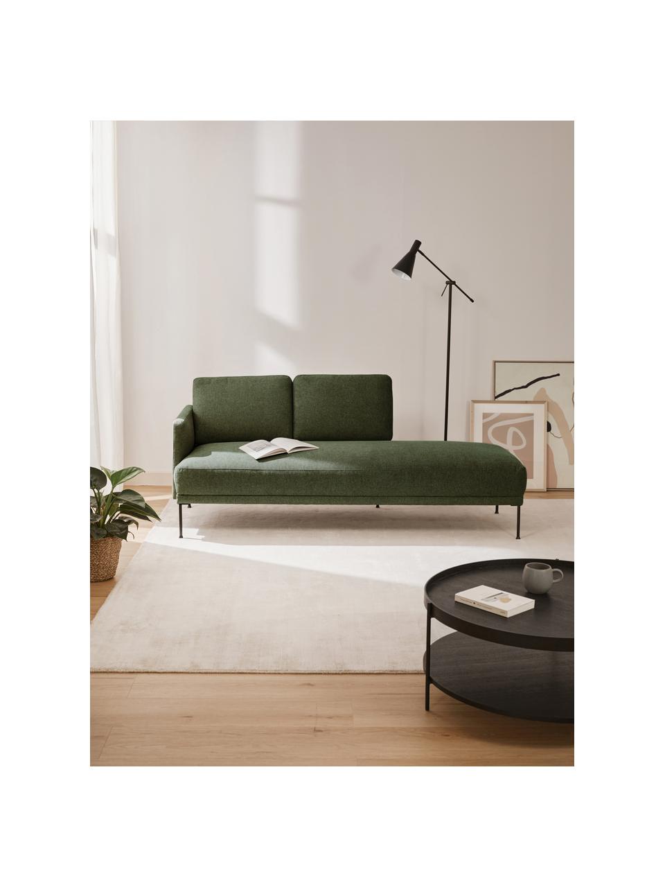 Chaise longue con piedini in metallo Fluente, Rivestimento: 100% poliestere Con 40.00, Struttura: legno di pino massiccio, Piedini: metallo verniciato a polv, Tessuto verde scuro, Larg. 202 x Prof. 85 cm, schienale a sinistra