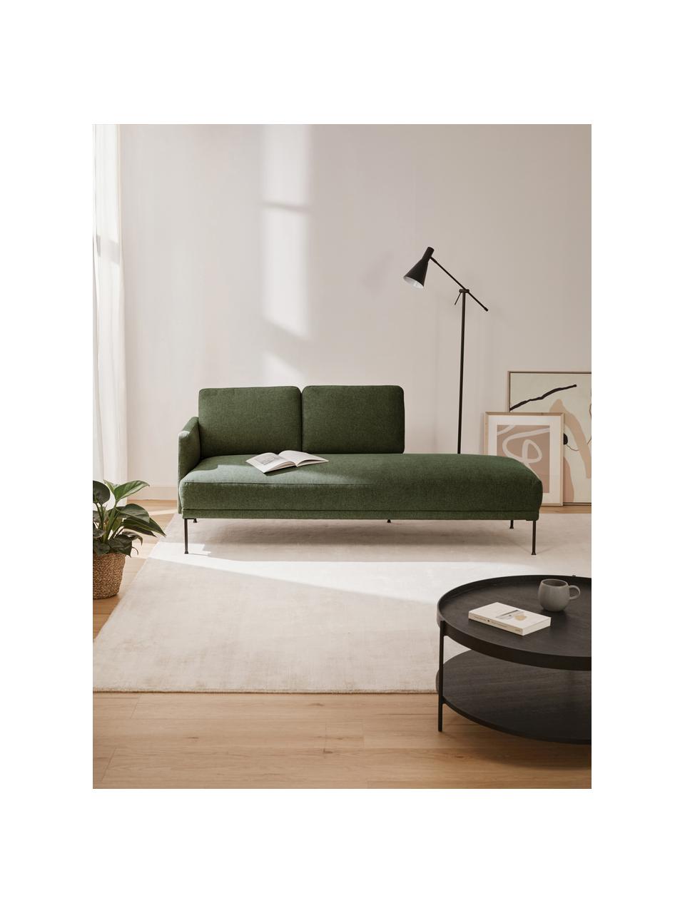 Chaise longue Fluente met metalen poten, Bekleding: 100% polyester. Met 40.00, Frame: massief grenenhout, FSC-g, Poten: gepoedercoat metaal., Geweven stof donkergroen, B 202 x D 85 cm, rugleuning links