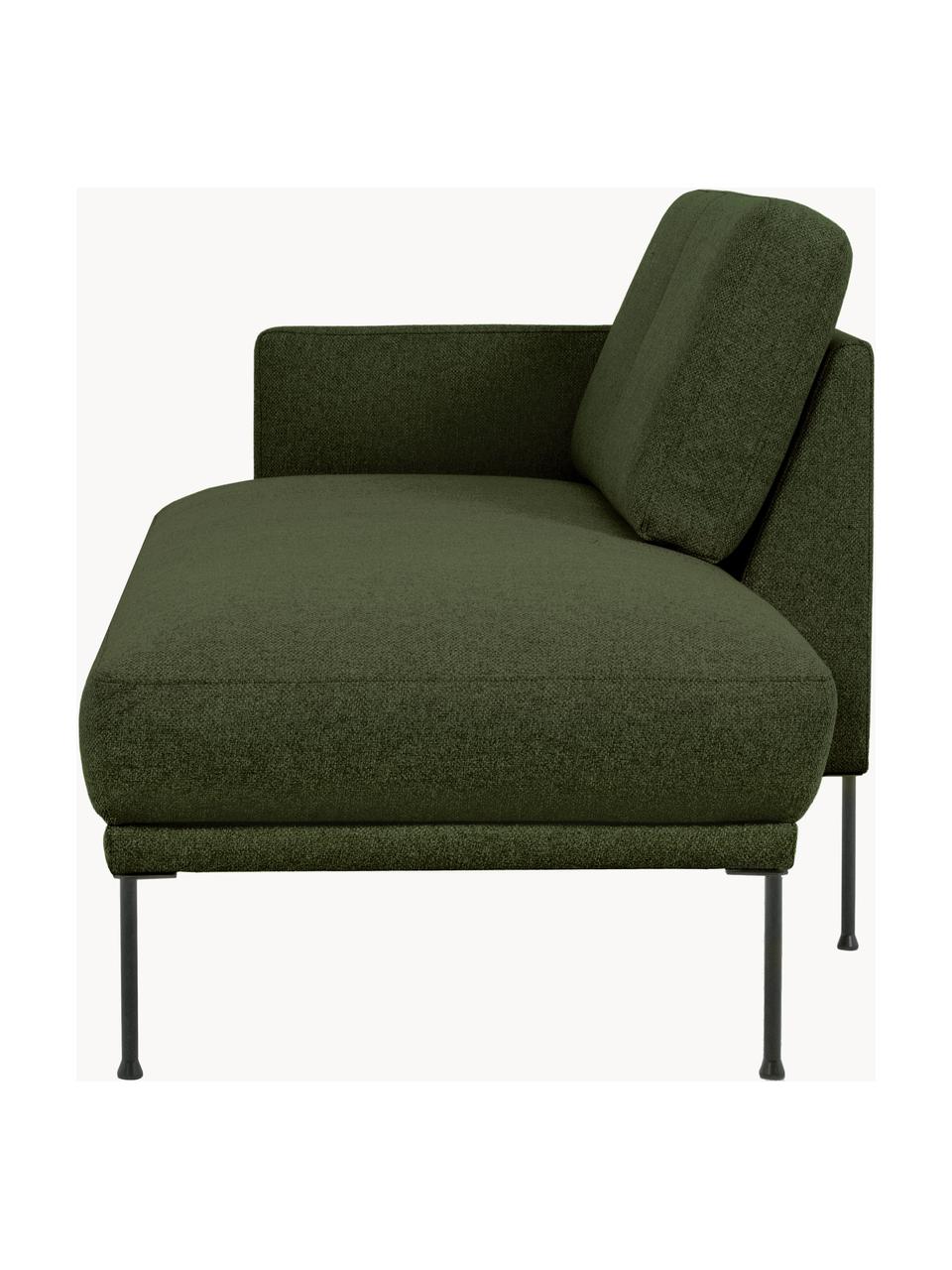 Chaise longue con piedini in metallo Fluente, Rivestimento: 100% poliestere Con 40.00, Struttura: legno di pino massiccio, , Piedini: metallo verniciato a polv, Tessuto verde scuro, Larg. 202 x Prof. 85 cm, schienale a sinistra