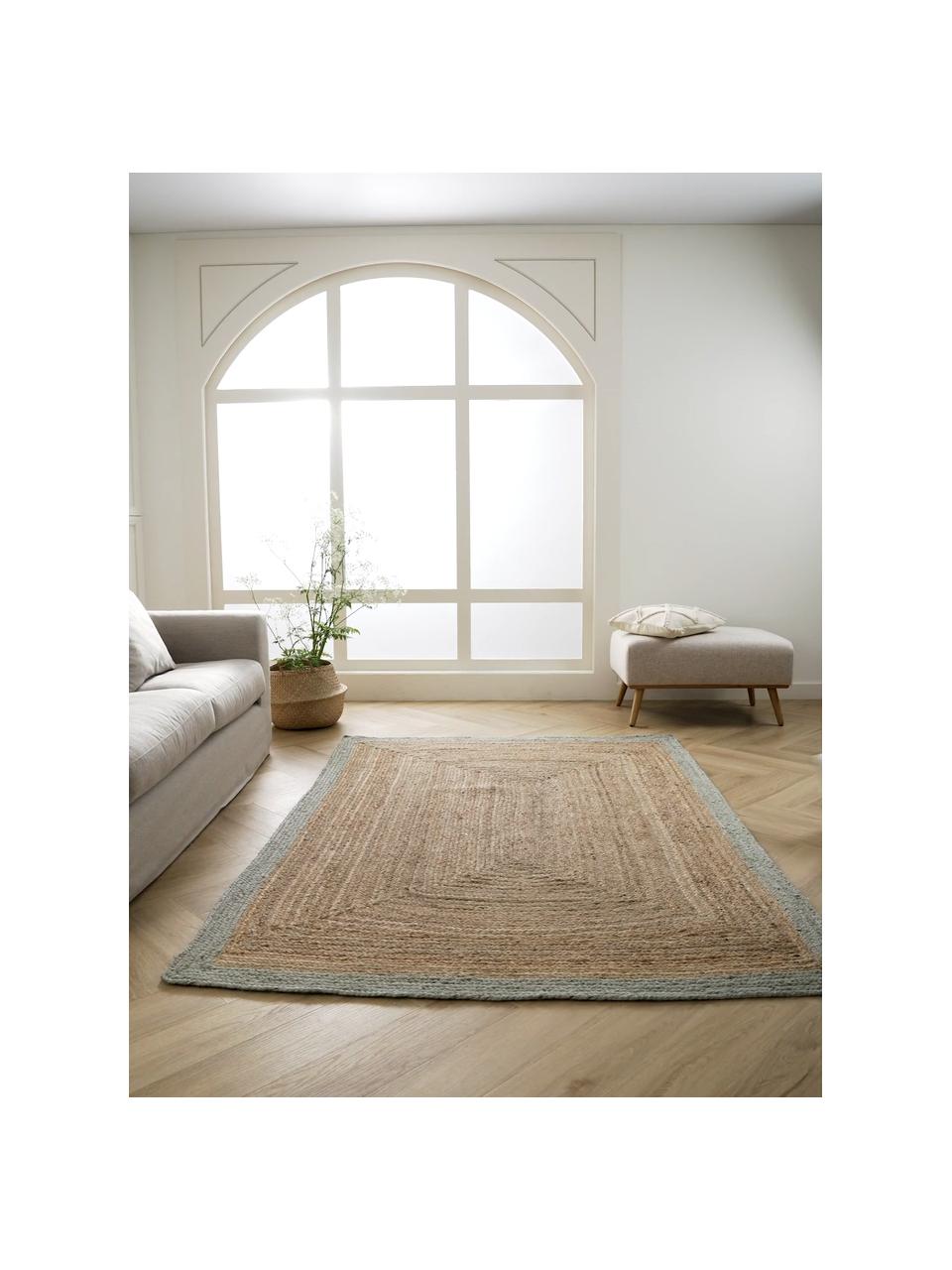 Handgefertigter Jute-Teppich Shanta mit taubenblauem Rand, 100% Jute, Beige, Taubenblau, B 80 x L 150 cm (Größe XS)