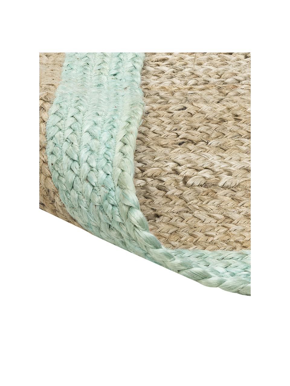 Handgefertigter Jute-Teppich Shanta mit taubenblauem Rand, 100% Jute, Beige, Taubenblau, B 80 x L 150 cm (Größe XS)