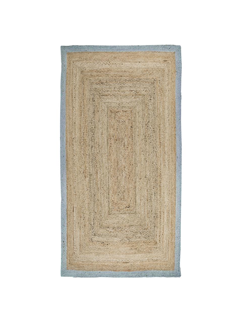 Handgemaakt jute vloerkleed Shanta met poederblauwe rand, 100% jute, Beige, duivenblauw, B 80 x L 150 cm (maat XS)