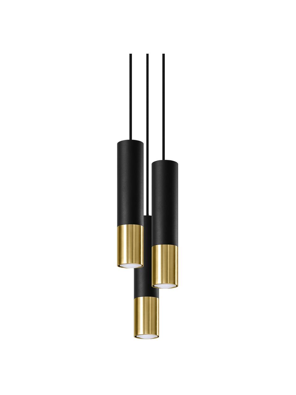 Kleine cluster hanglamp Longbot in zwart-goudkleur, Lampenkap: gecoat staal, Baldakijn: gecoat staal, Frame: zwart gelakt eikenhout. Voet: goudkleurig, Ø 15 x H 30 cm