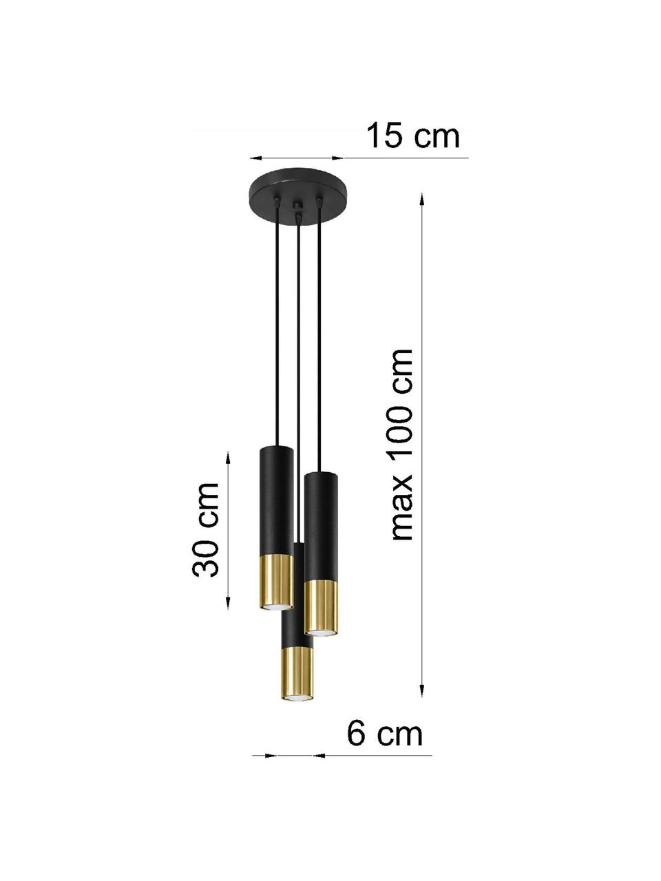 Kleine cluster hanglamp Longbot in zwart-goudkleur, Lampenkap: gecoat staal, Baldakijn: gecoat staal, Frame: zwart gelakt eikenhout. Voet: goudkleurig, Ø 15 x H 30 cm