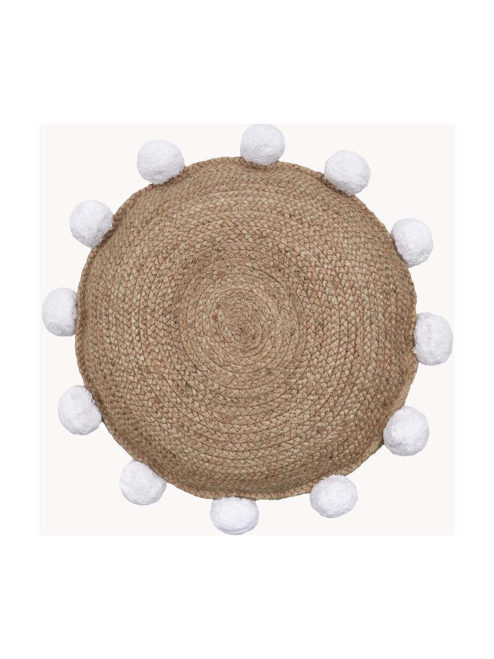 Cojín decorativo de yute con pompones Fiko, Beige, blanco, Ø 40 cm