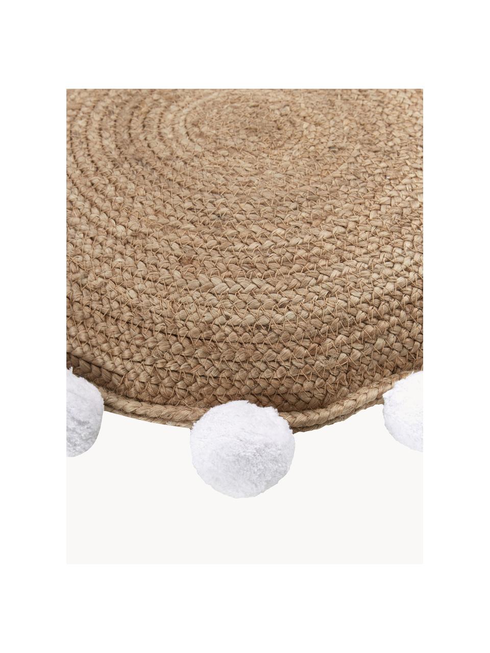 Cojín decorativo de yute con pompones Fiko, Beige, blanco, Ø 40 cm