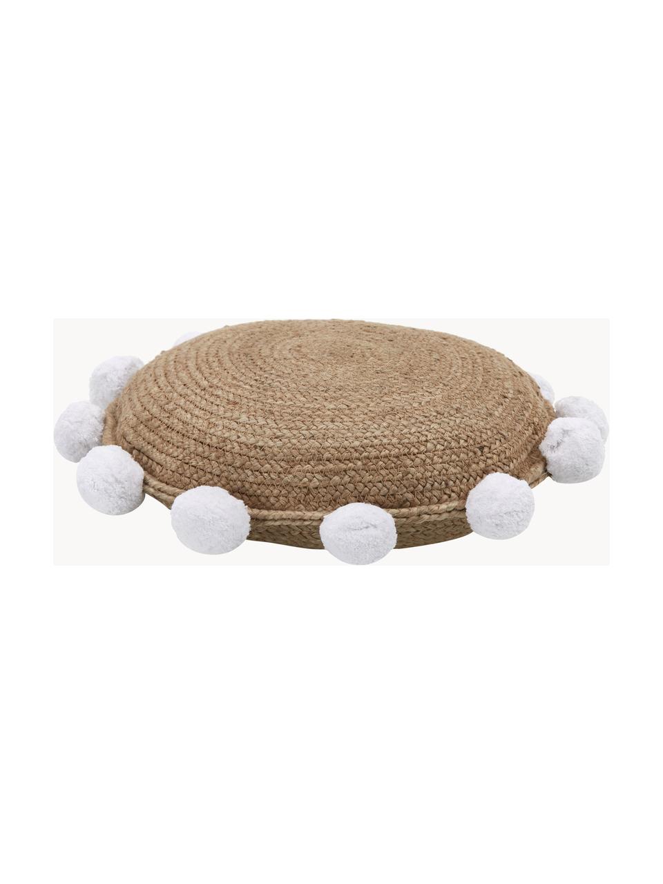 Cojín decorativo de yute con pompones Fiko, Beige, blanco, Ø 40 cm