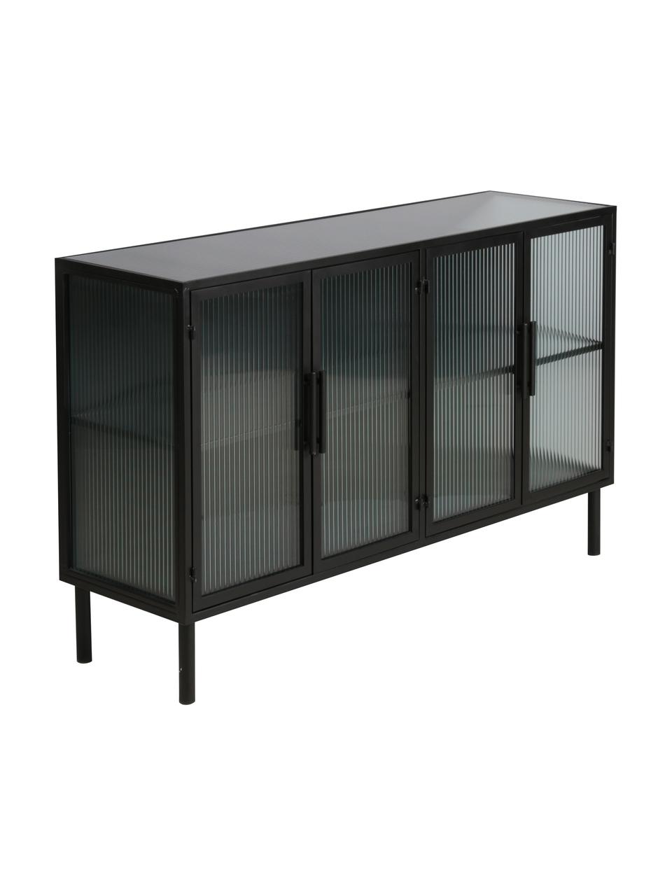 Vitrine Markus met gegroefd glas en metalen frame, zwart, Frame: gecoat metaal, Zwart, transparant, 120 x 76 cm