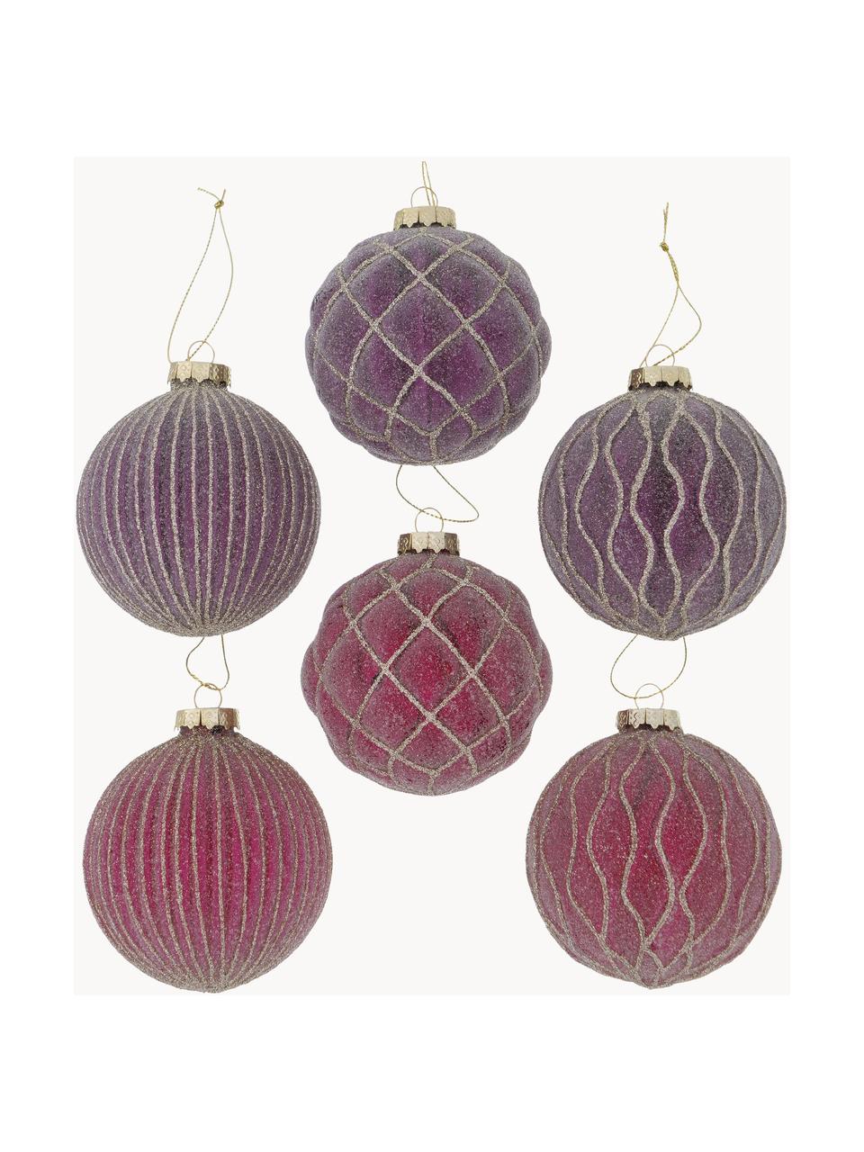 Handgemaakte kerstballen Taina, set van 12, Goudkleurig, violet, roze, Ø 8 cm