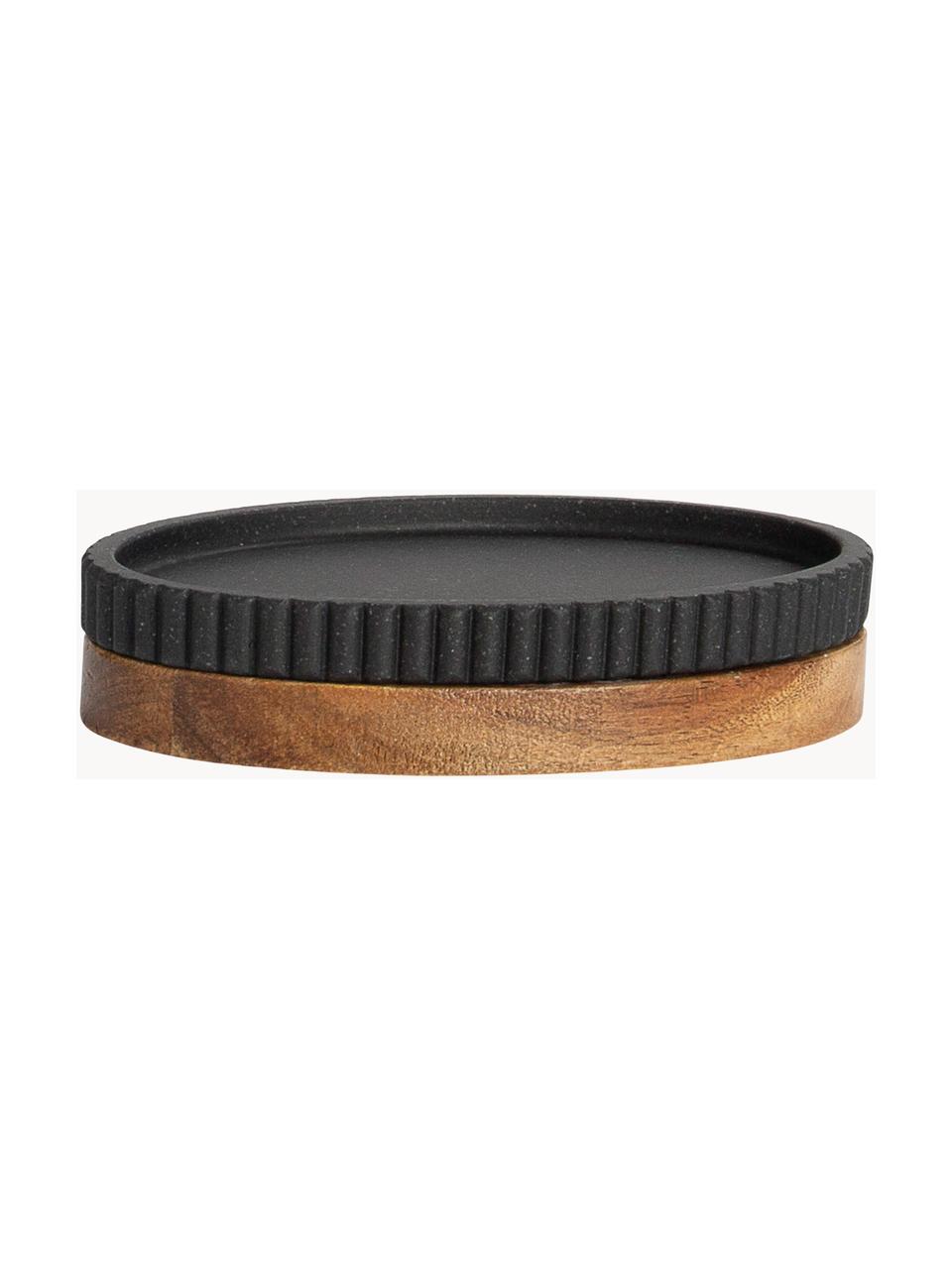 Porte-savon ovale Laura, Plastique, bois d'acacia, Noir, bois foncé, larg. 14 x haut. 3 cm