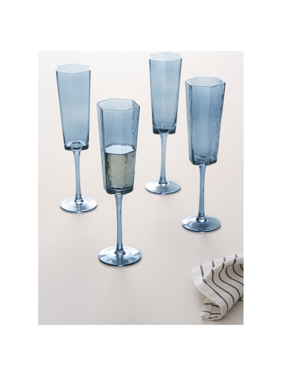 Champagneglas Amory in blauw, 4 stuks, Glas, Blauw, transparant, Ø 6 x H 26 cm, 230 ml