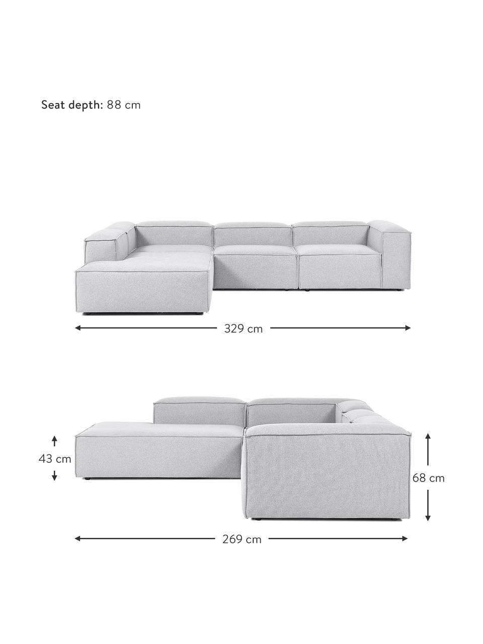 Narożna sofa modułowa XL Lennon, Tapicerka: 100% poliester Dzięki tka, Stelaż: lite drewno, sklejka, Nogi: tworzywo sztuczne, Jasnoszara tkanina, S 329 x W 68 cm, prawostronna