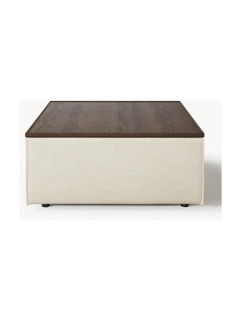 Sofa-Hocker Lennon aus Leinen-Mix mit Stauraum, Bezug: 50 % Viskose, 25 % Leinen, Tablett: Eichenholz, Spannplatte m, Gestell: Spanplatte, mitteldichte , Leinen-Mix Beige, dunkles Eichenholz, B 88 x T 88 cm