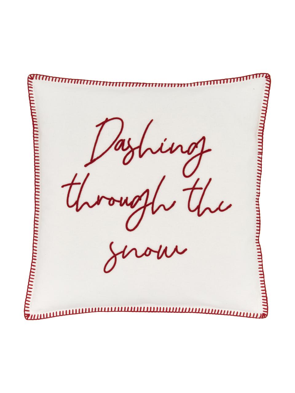 Housse de coussin 45x45 Dashing through the snow, 100 % coton, Blanc, rouge, larg. 45 x long. 45 cm