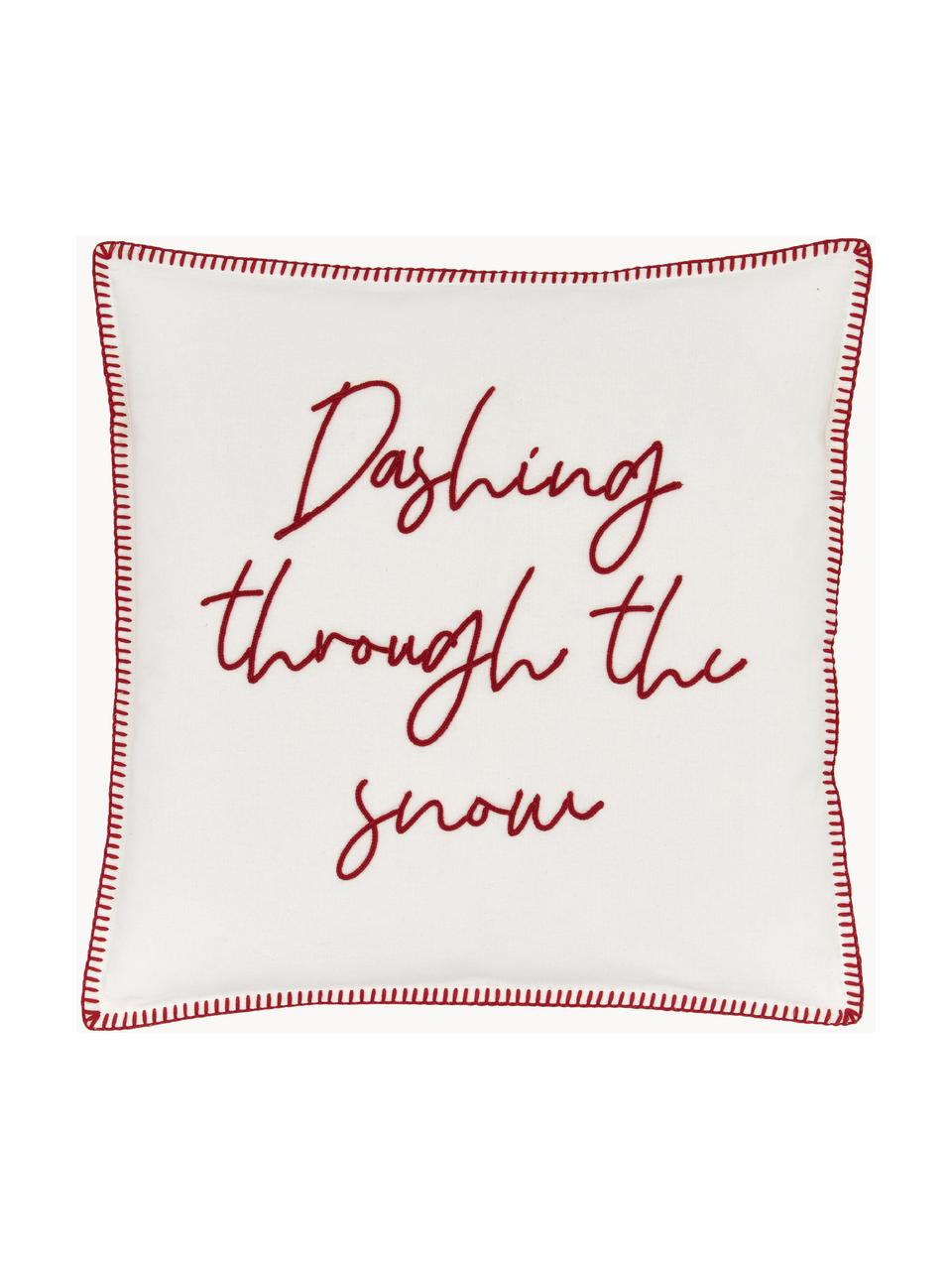 Copricuscino con motivo invernale Dashing through the snow, 100% cotone, Bianco crema, rosso, Larg. 45 x Lung. 45 cm