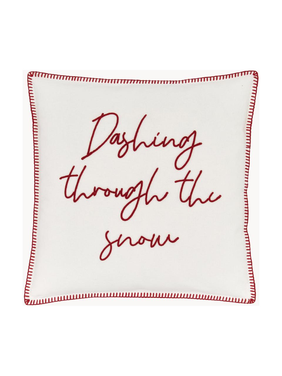 Kissenhülle Dashing through the snow mit winterlichem Motiv, 100 % Baumwolle, Cremeweiß, Rot, B 45 x L 45 cm