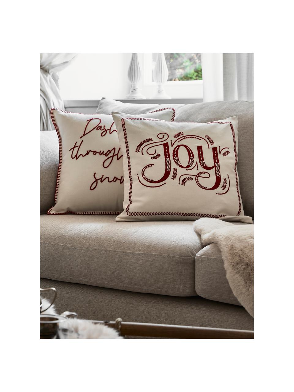 Housse de coussin 45x45 Dashing through the snow, 100 % coton, Blanc, rouge, larg. 45 x long. 45 cm