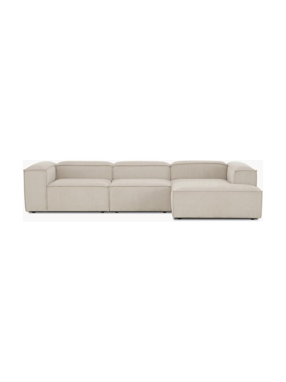 Sofá rinconera modular de pana Lennon, Tapizado: pana (92% poliéster, 8% p, Estructura: madera de pino maciza, ma, Patas: plástico Este producto es, Pana beige claro, An 327 x F 180 cm, chaise longue izquierda