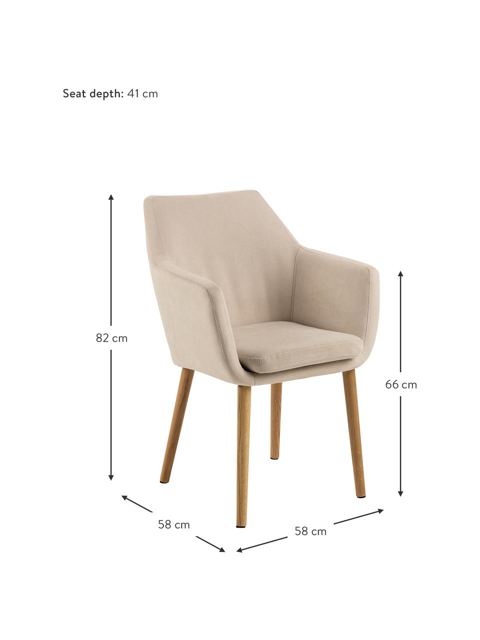 Sedia con braccioli e gambe in legno Nora, Rivestimento: 100% poliestere Il rivest, Gambe: legno di quercia, Tessuto beige, Larg. 58 x Prof. 58 cm