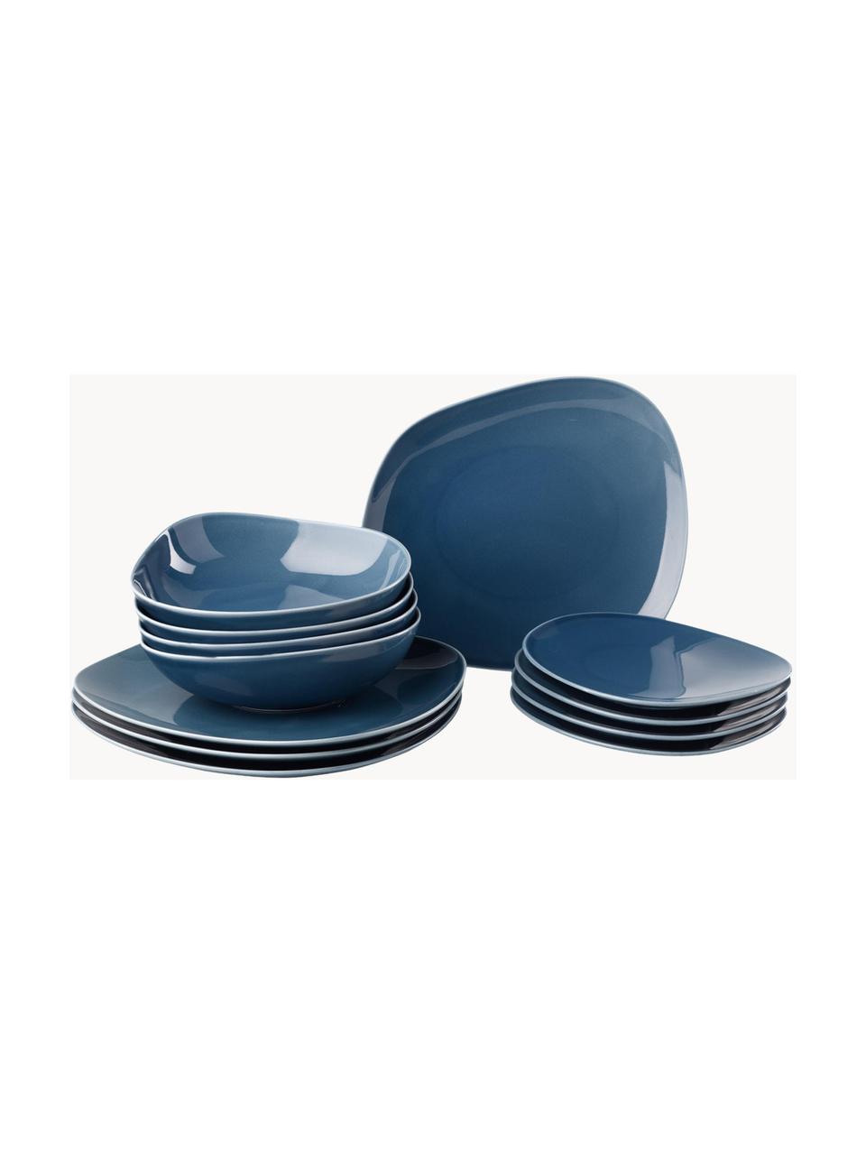 Súprava porcelánových tanierov Organic, 4 osoby (12 dielov), Tvrdený porcelán, Modrá, 4 osoby (12 dielov)