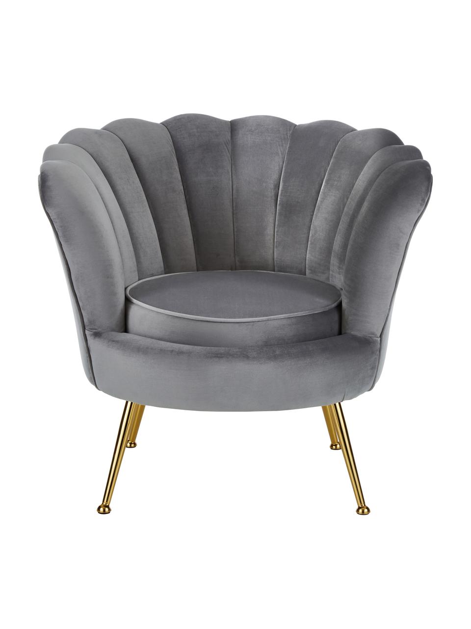 Fluwelen fauteuil Oyster in grijs, Bekleding: fluweel (polyester), Frame: massief populierenhout, m, Poten: gegalvaniseerd metaal, Fluweel grijs, B 81 x D 78 cm