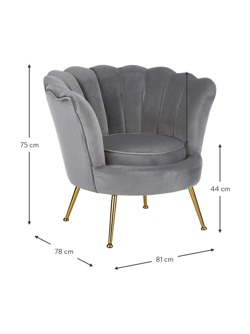 Fluwelen fauteuil Oyster in grijs, Bekleding: fluweel (polyester), Frame: massief populierenhout, m, Poten: gegalvaniseerd metaal, Fluweel grijs, B 81 x D 78 cm