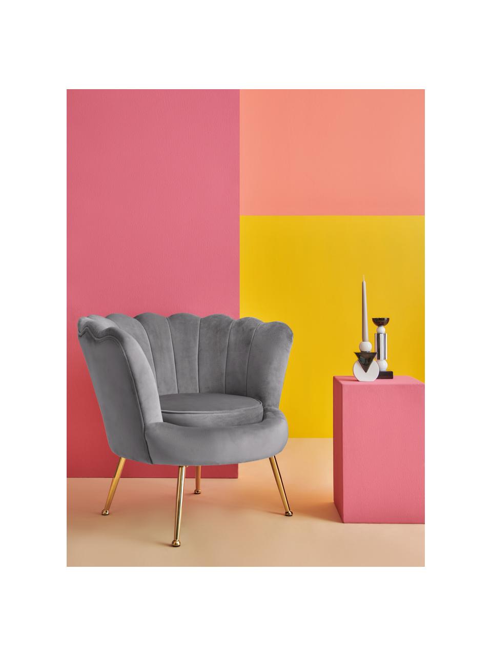Fluwelen fauteuil Oyster in grijs, Bekleding: fluweel (polyester), Frame: massief populierenhout, m, Poten: gegalvaniseerd metaal, Fluweel grijs, B 81 x D 78 cm