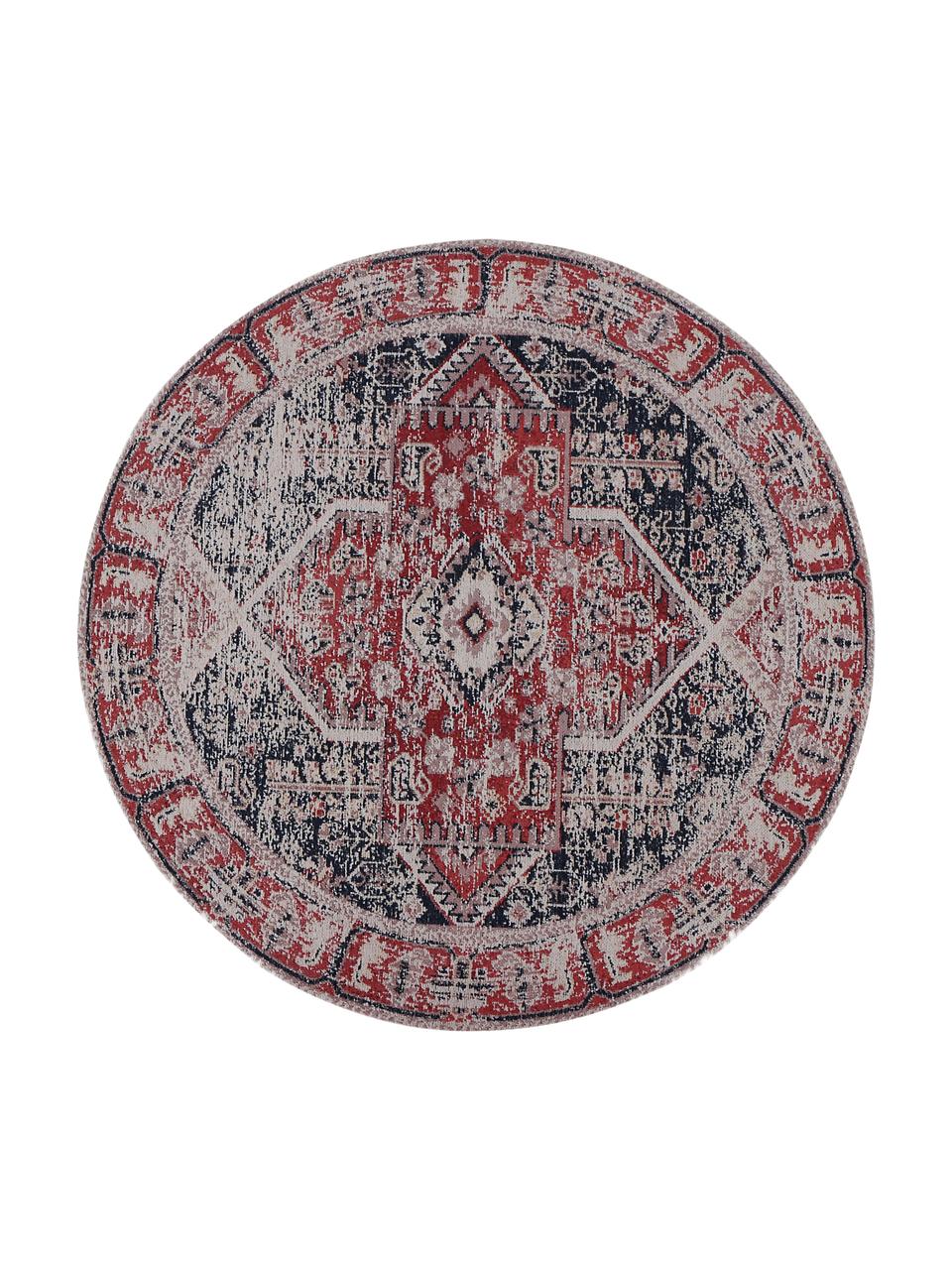 Okrągły dywan szenilowy w stylu vintage Toulouse, Odcienie czerwonego, odcienie niebieskiego, we wzór, Ø 120 cm (Rozmiar S)