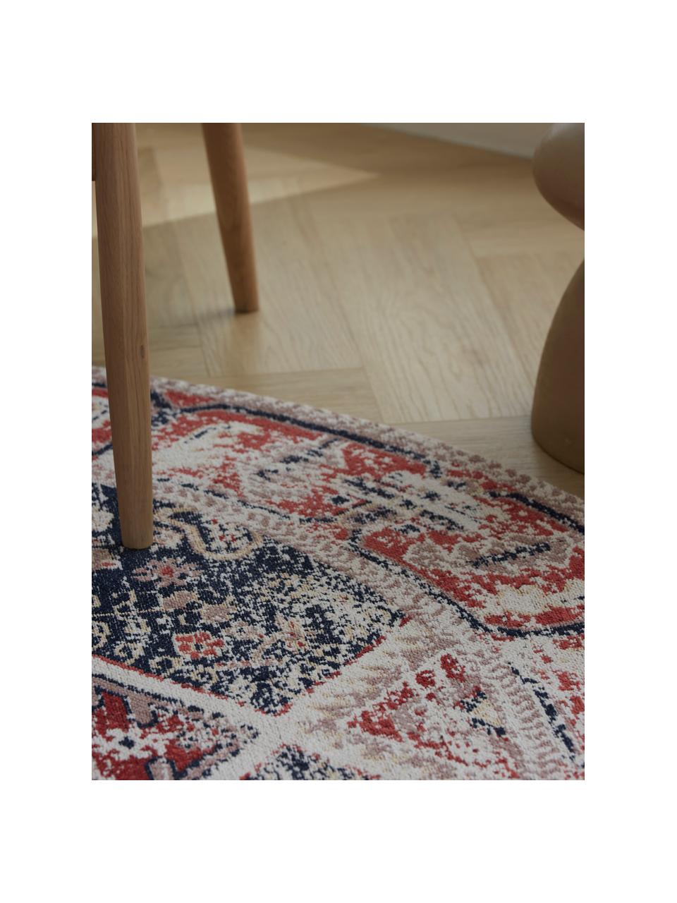 Okrągły dywan szenilowy w stylu vintage Toulouse, Odcienie czerwonego, odcienie niebieskiego, we wzór, Ø 120 cm (Rozmiar S)