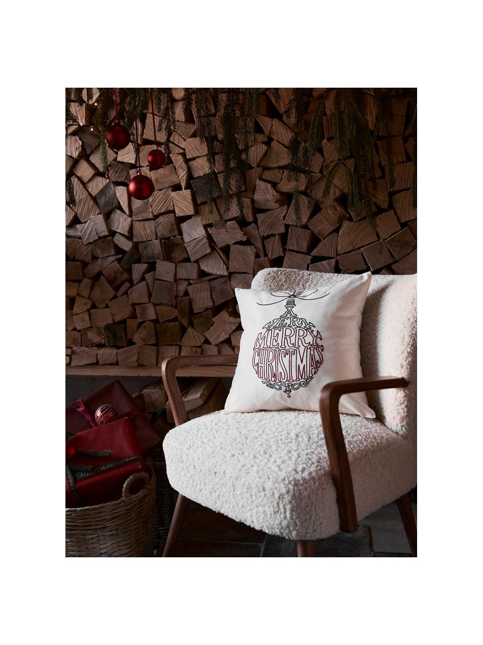 Bestickte Kissenhülle Finn mit winterlichem Motiv, 100 % Baumwolle, Weiß, Rot, B 45 x L 45 cm