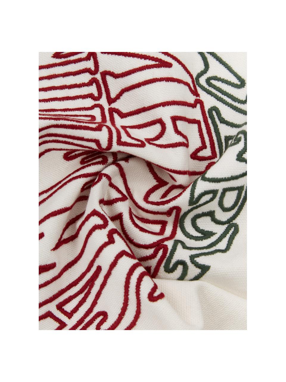 Bestickte Kissenhülle Finn mit winterlichem Motiv, 100 % Baumwolle, Cremeweiß, Rot, Dunkelgrün, B 45 x L 45 cm
