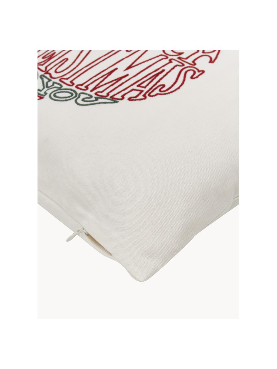 Housse de coussin 45x45 brodée de motif hivernal Finn, 100 % coton, Blanc crème, rouge, vert foncé, larg. 45 x long. 45 cm