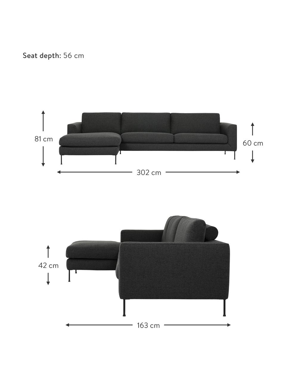 Hoekbank Cucita (4-zits) met metalen poten, Bekleding: geweven stof (polyester) , Frame: massief grenenhout, FSC-g, Poten: gelakt metaal, Geweven stof antraciet, B 302 x D 163 cm, hoekdeel links