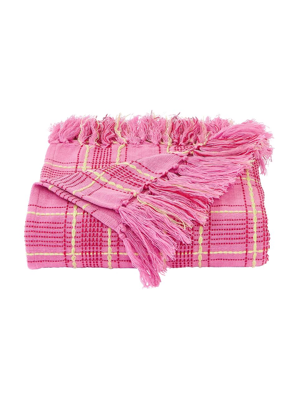 Copriletto a quadri con frange Orla, Acrilico, Rosa, Larg. 130 x Lung. 170 cm