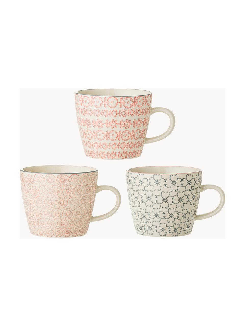 Set 3 tazze con motivo piccolo Cécile, Gres, Beige, verde, rosa, Ø 10 x Alt. 8 cm, 300 ml