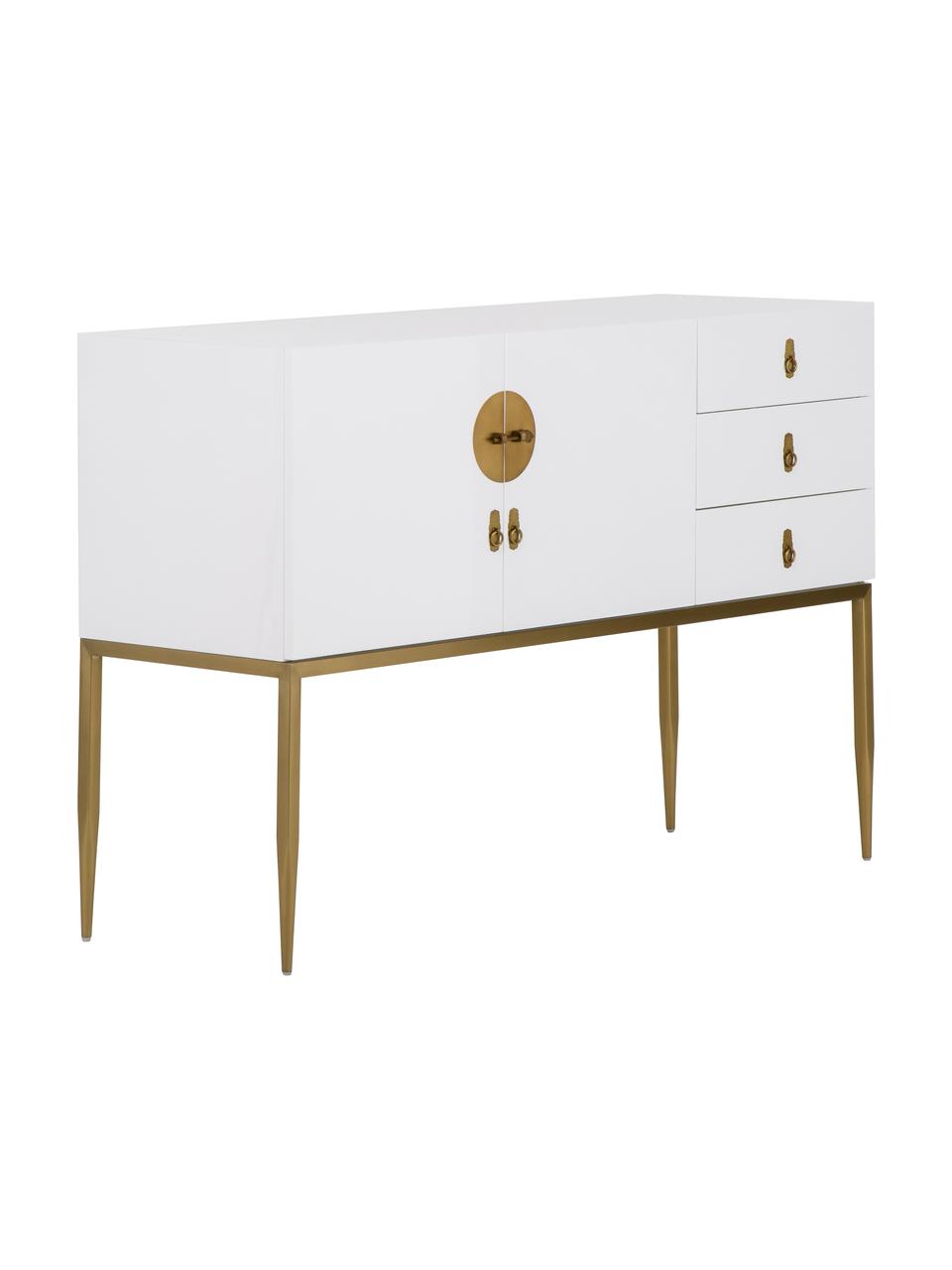 Credenza bianca Classy, Corpo: bianco lucido Struttura e gambe: dorato, Larg. 135 x Alt. 92 cm