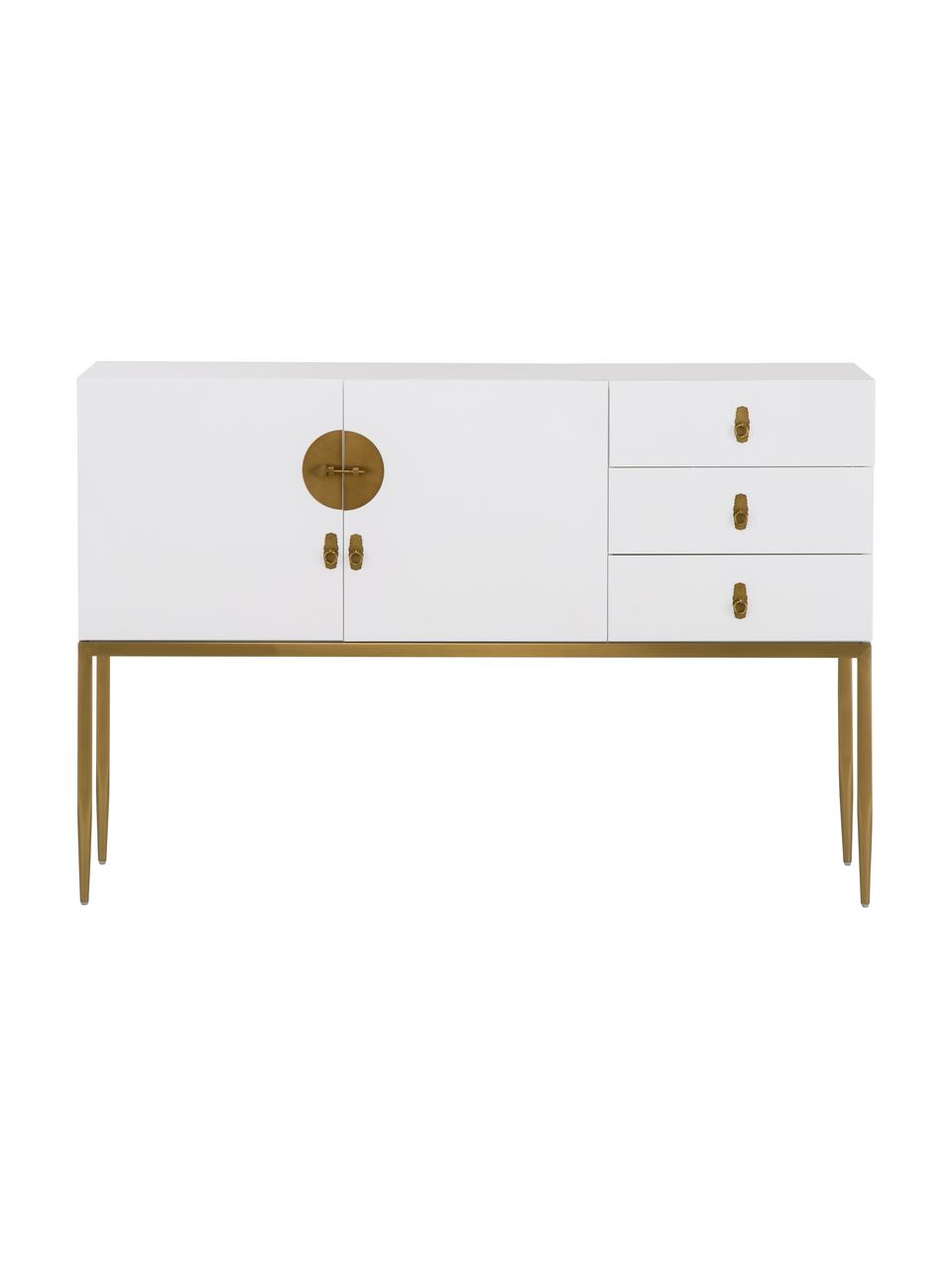 Sideboard Classy in Weiss Hochglanz, Korpus: Mitteldichte Holzfaserpla, Korpus: Weiss, hochglänzendBeschläge und Beine: Goldfarben, 135 x 92 cm