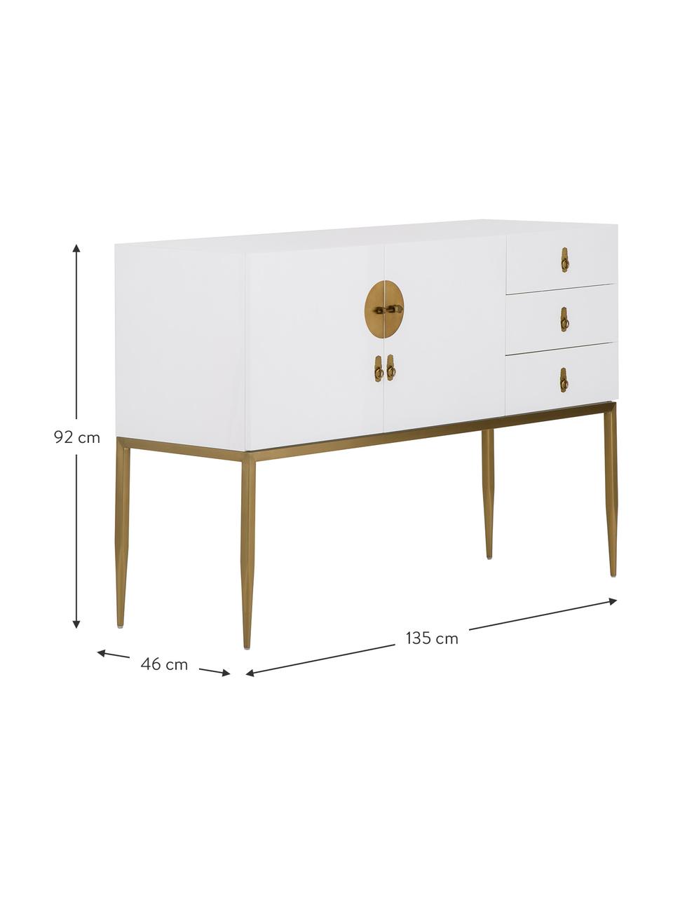 Credenza bianca Classy, Corpo: bianco lucido Struttura e gambe: dorato, Larg. 135 x Alt. 92 cm