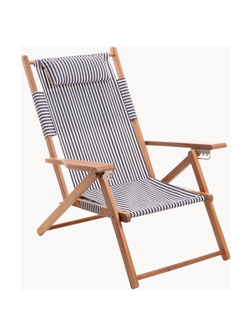 Sedia a sdraio pieghevole Tommy, Seduta: 50% cotone, 50% poliester, Struttura: legno di teak, Blu scuro, bianco, legno di teak, Larg. 66 x Alt. 87 cm