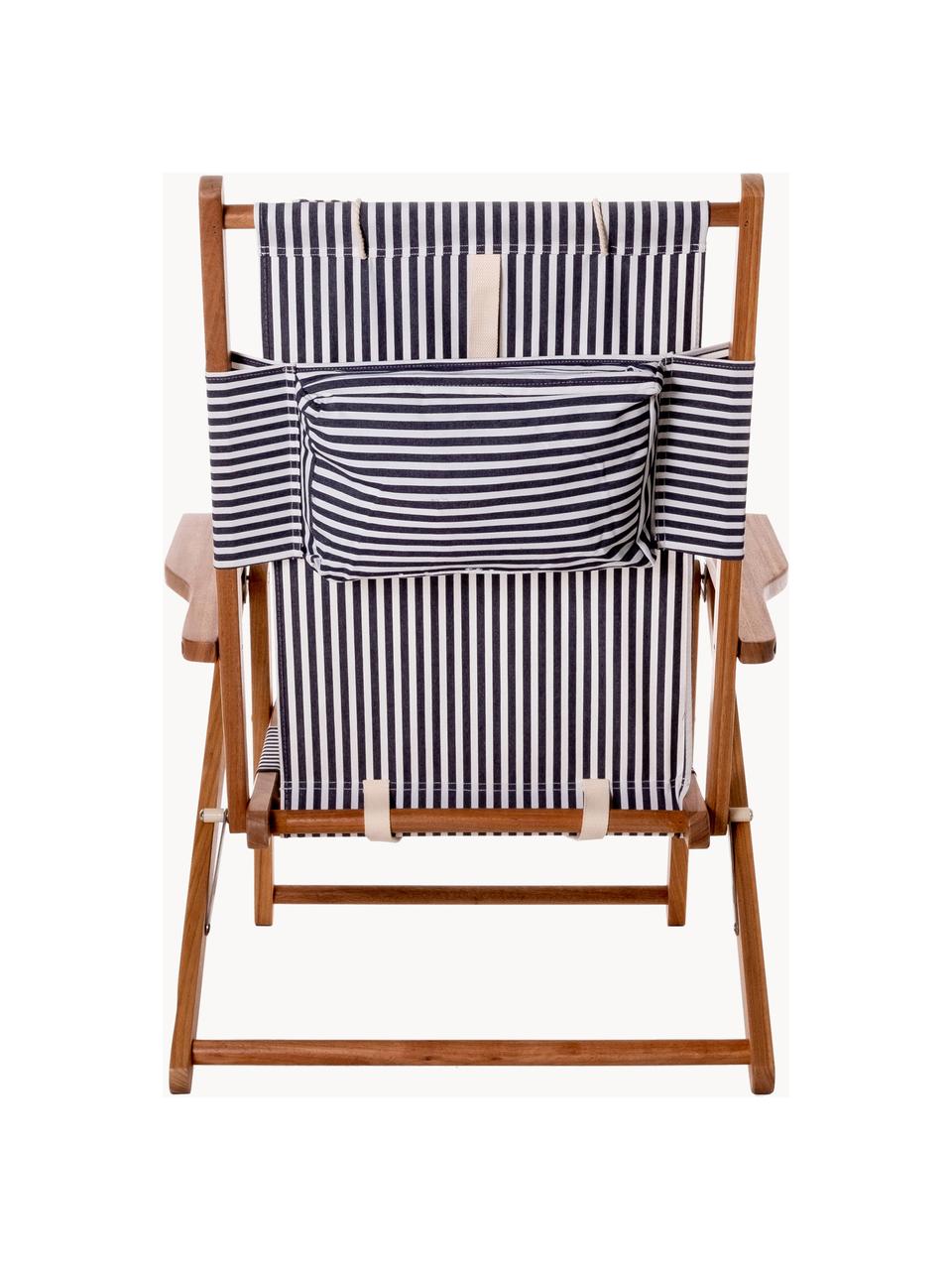 Inklapbare ligstoel Tommy, Zitvlak: 50 % katoen, 50 % polyest, Frame: teakhout, Teakhout, marineblauw, wit, B 66 x H 87 cm
