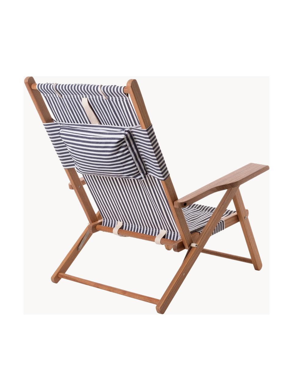 Inklapbare ligstoel Tommy, Zitvlak: 50 % katoen, 50 % polyest, Frame: teakhout, Teakhout, marineblauw, wit, B 66 x H 87 cm