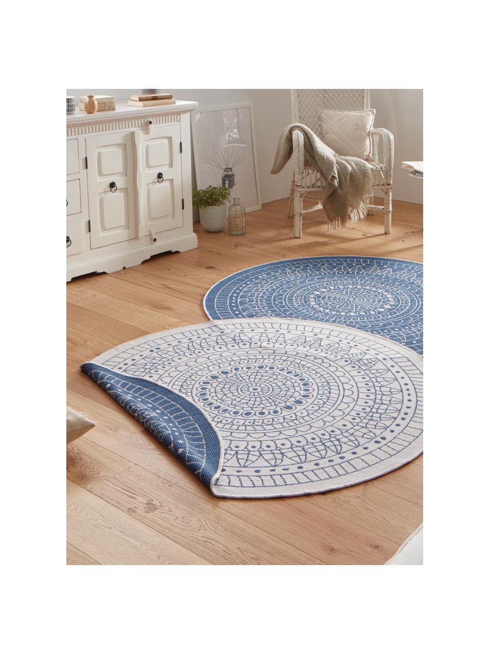 Rond dubbelzijdig in- en outdoor vloerkleed Porto, met patroon, 100% polypropyleen, Blauw, crèmekleurig, Ø 200 cm (maat L)