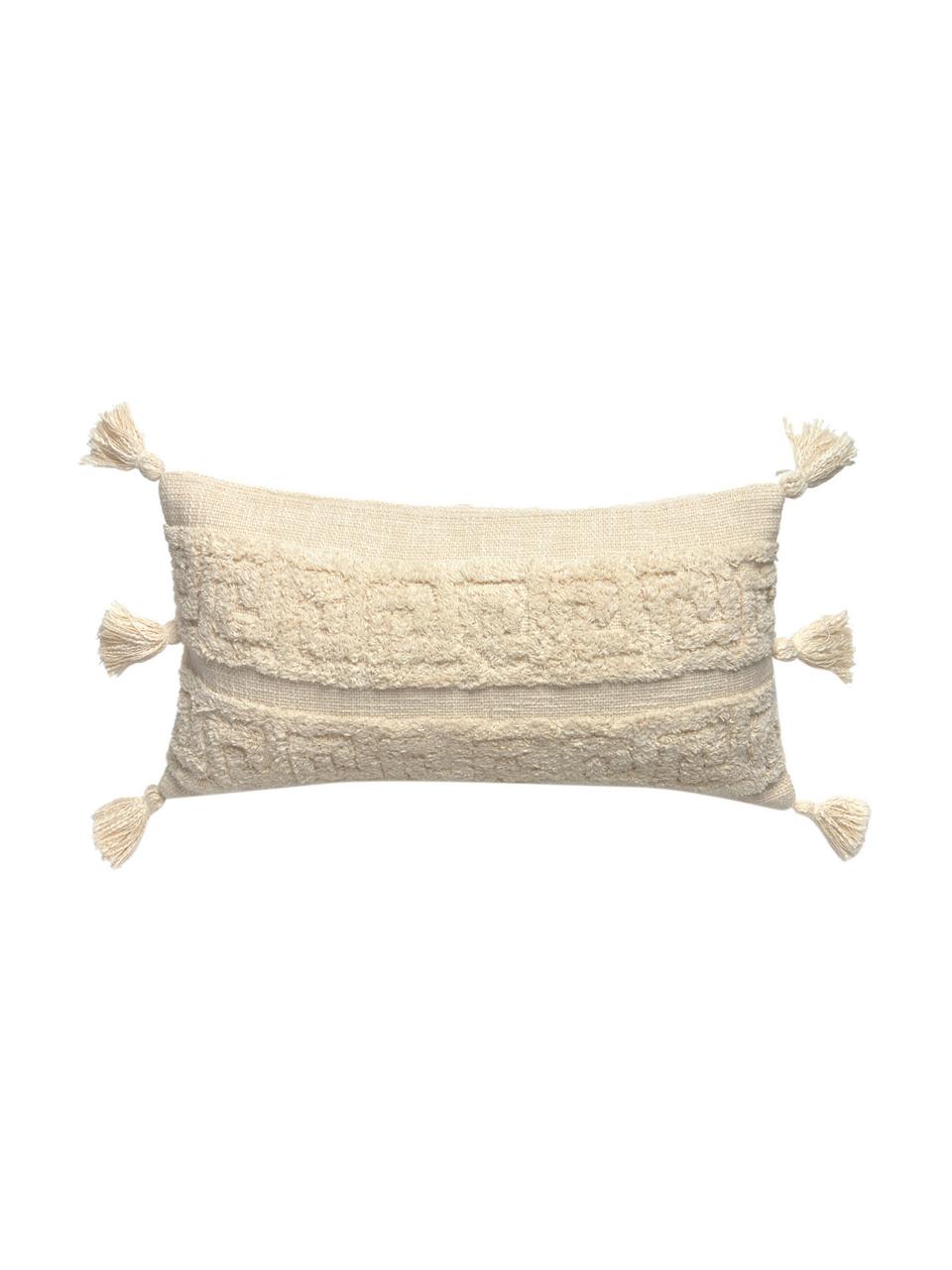 Federa arredo boho con modello a rilievo e nappe Hera, 100% cotone, Color crema, Larg. 30 x Lung. 60 cm