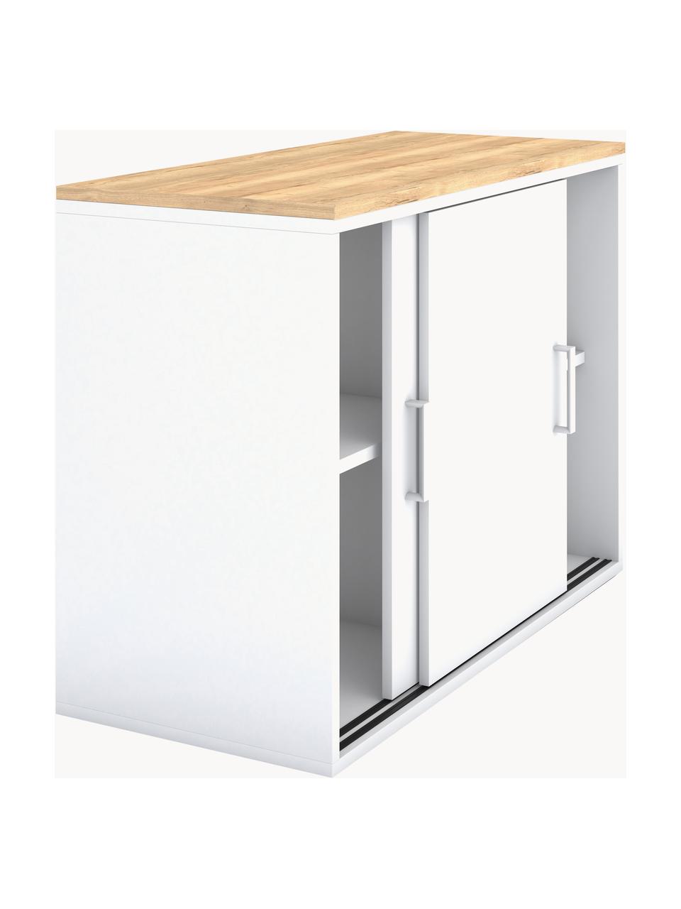 Holz-Büroschrank Allvia mit Schiebetüren, Korpus: Spanplatte, melaminharzbe, Griffe: Metall, pulverbeschichtet, Weiß, Helle Holzoptik, B 100 x H 74 cm