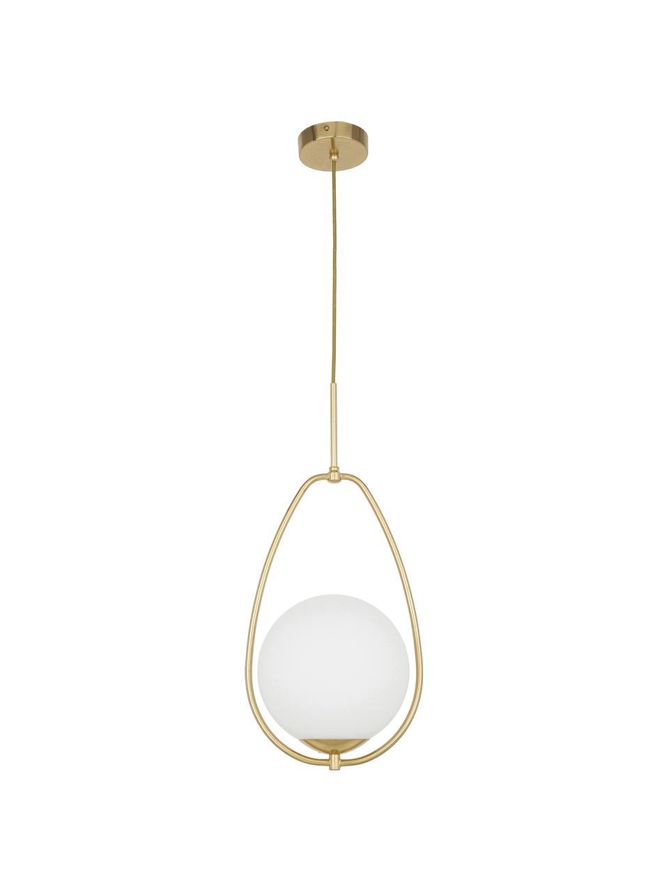 Lampada a sospensione in vetro opale Avalon, Paralume: vetro, Baldacchino: metallo verniciato, Bianco, dorato, Ø 23 x Alt. 51 cm